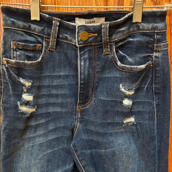 Ceros Distressed Flare Jeans in Dark Blue, Size 24 - Picture 3 of 5